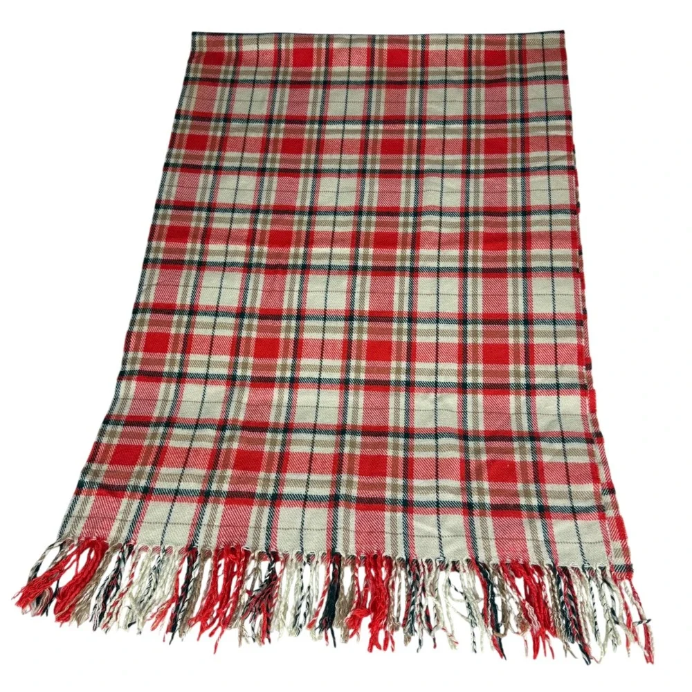 J. Crew Plaid Scarf‎ Orange Cream Green Fringe 25 x 70 Preppy